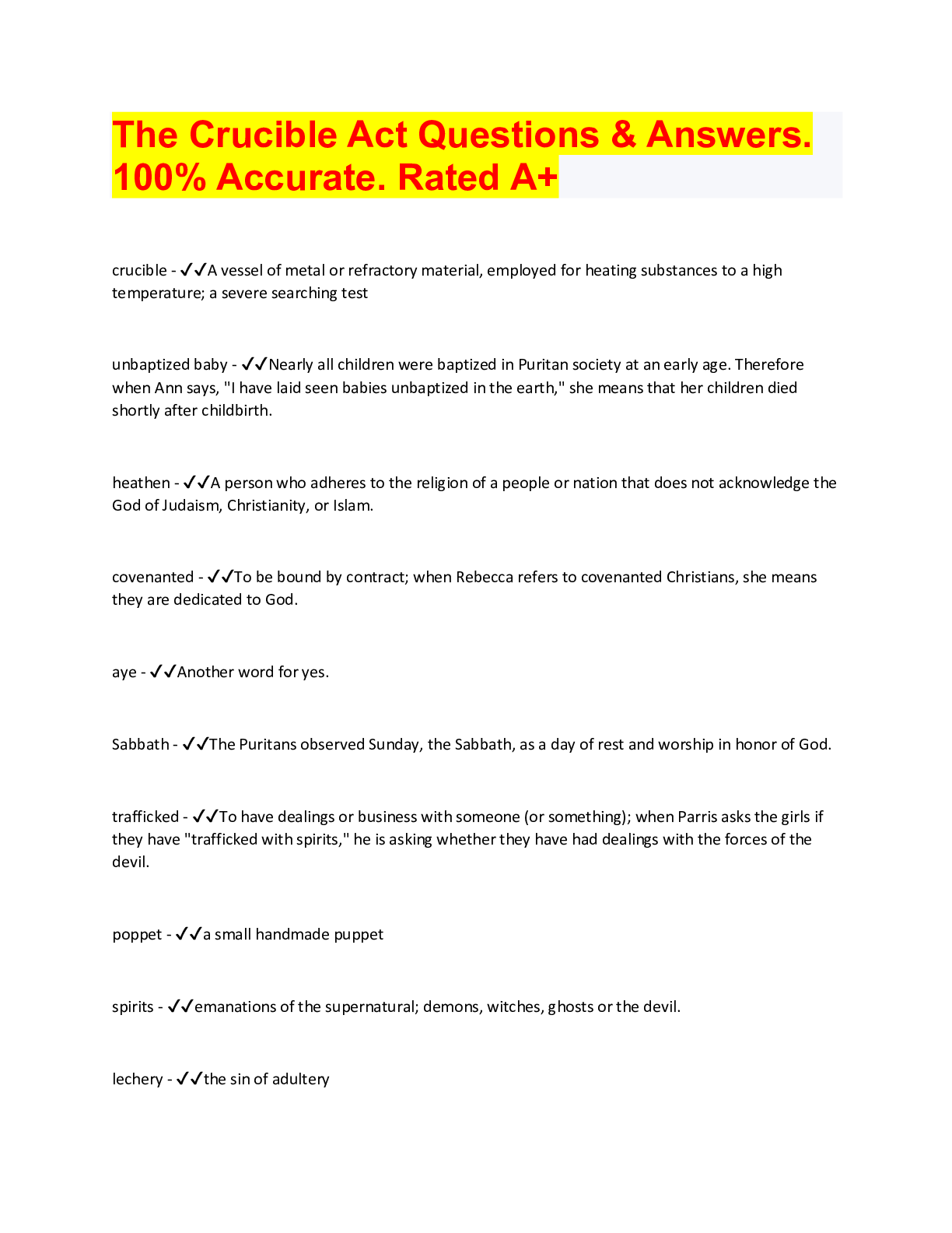 Preview image for The Crucible Act Questions & Answers.  100% Accurate. Rated A+